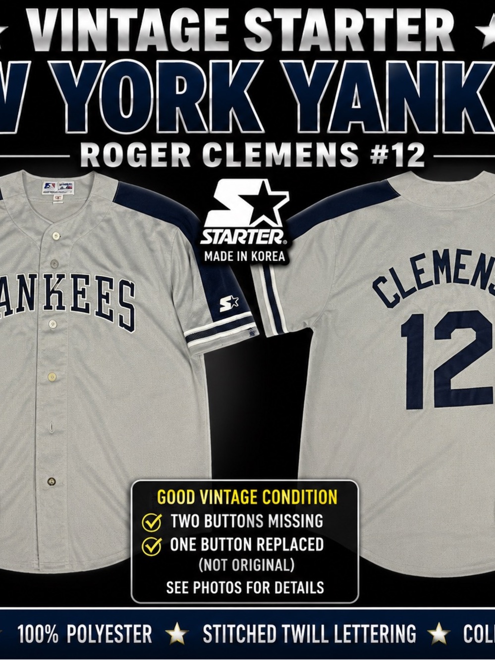 STARTER Gray and Navy New York Yankees Roger Clemens #12 Jersey